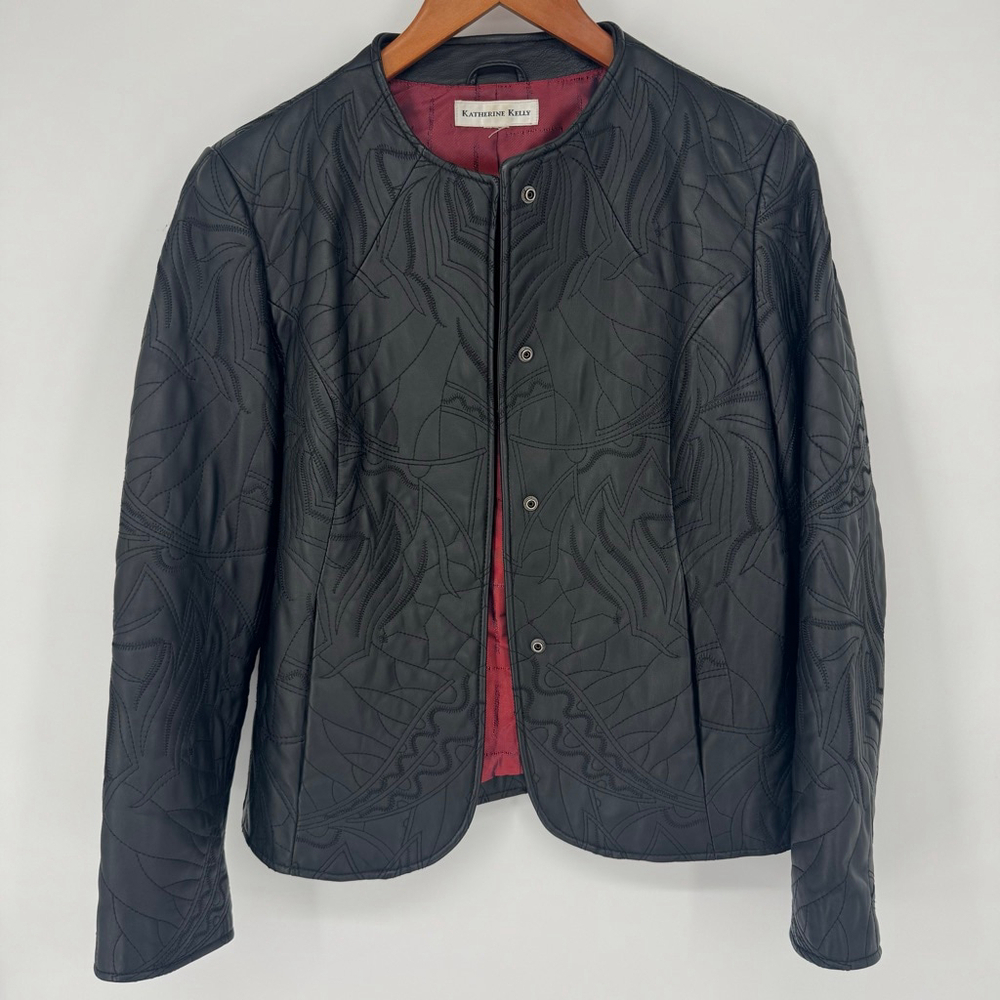Katherine Kelly Black Floral Quilted Lambskin Leather Jacket S